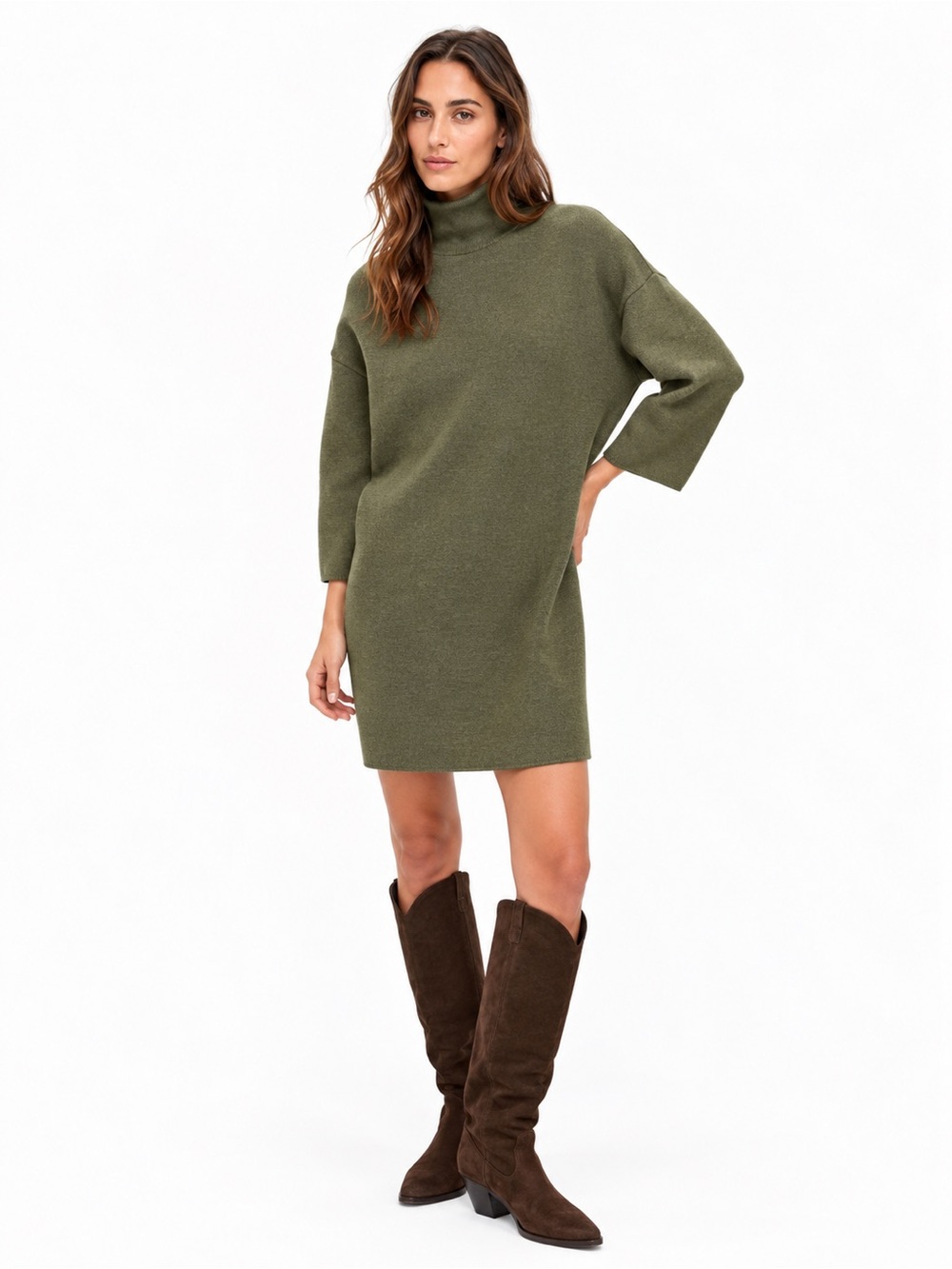 Zara Trafaluc Olive Green Relaxed Turtleneck Mini Dress M
